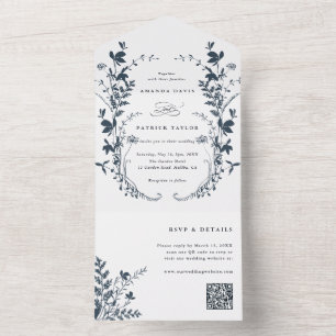 Invitation Tout En Un Fleur sauvage bleu de la marine Silhouette Mariage