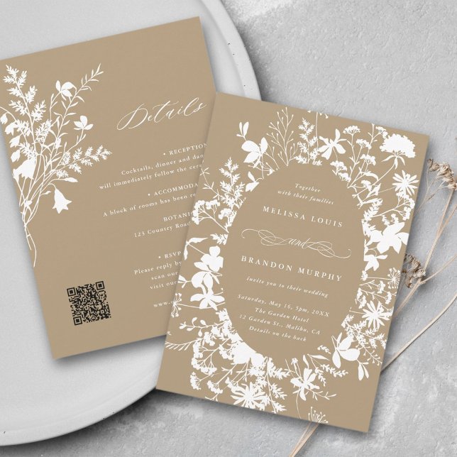 Invitation Tout en un Fleur sauvage cadre Mariage Tan et blan (Front & Back)