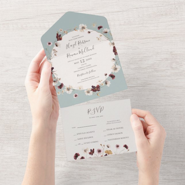 Invitation Tout En Un Fleur sauvage de Cuivre Bourgogne | Sceau Turquois (Déchirure)