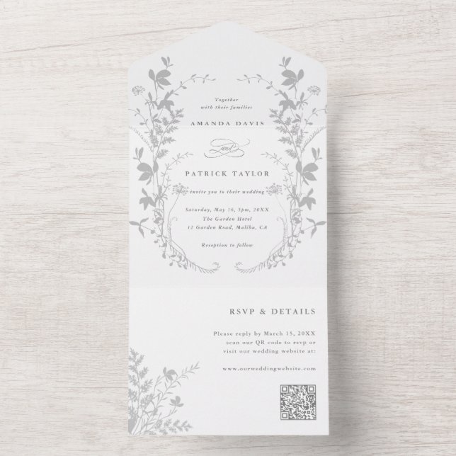 Invitation Tout En Un Fleur sauvage gris Silhouette Mariage de couronne (À l'intérieur)