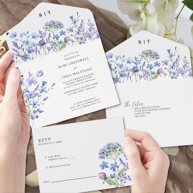 Invitation Tout En Un Fleur sauvage Mariage Delicle Périwinkle Fleur sau (Trifold wedding invitation with tear-off RSVP from Lilac + Periwinkle Wildflower Wedding Collecton)