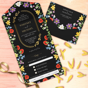 Invitation Tout En Un Fleur sauvage Meadow Colorful Spring Floral noir