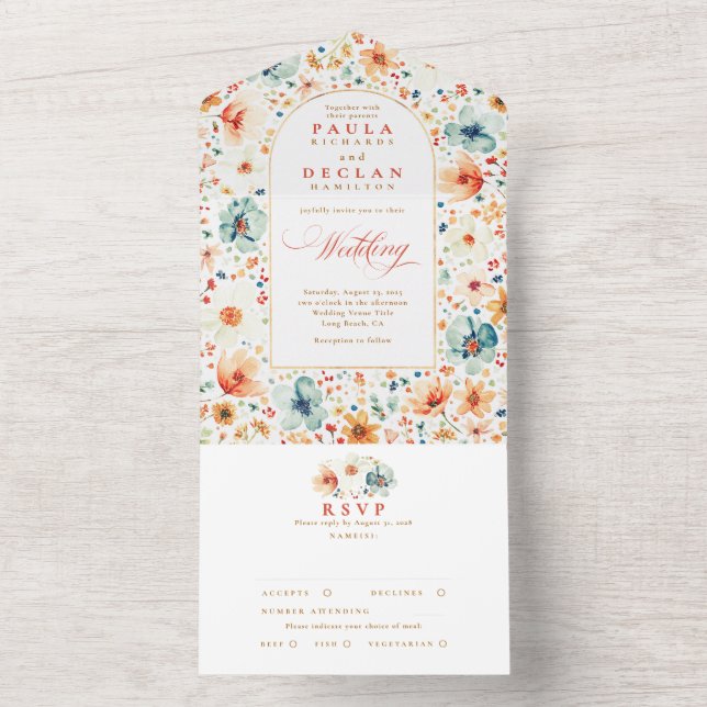 Invitation Tout En Un Fleur sauvage Meadow Garden Floral Arch Mariage (À l'intérieur)