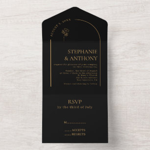 Invitation Tout En Un Fleur sauvage minimaliste noir et or Arch Mariage