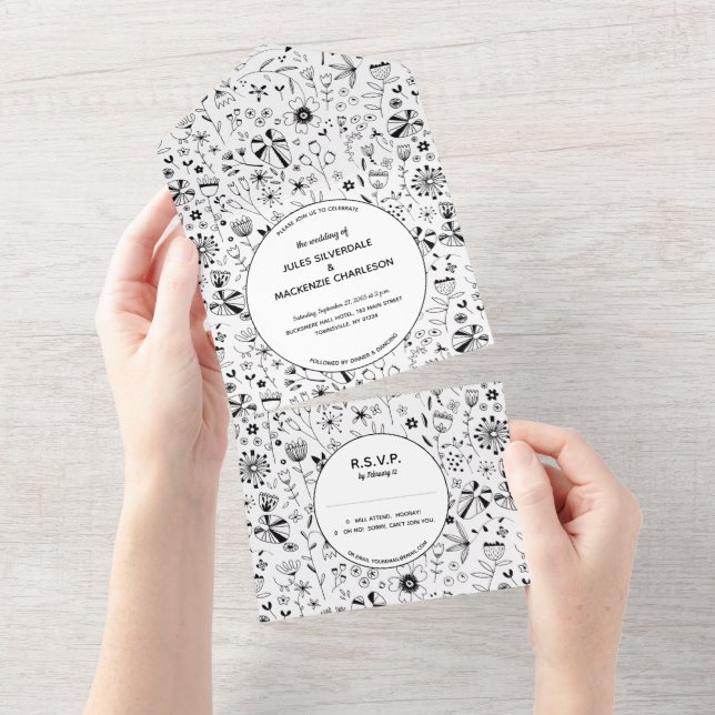 Invitation Tout En Un Fleur sauvage Monochrome Mariage moderne (Déchirure)