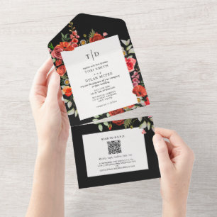 Invitation Tout En Un Fleur sauvage Poppy Rouge Floral Noir Noir RSVP To