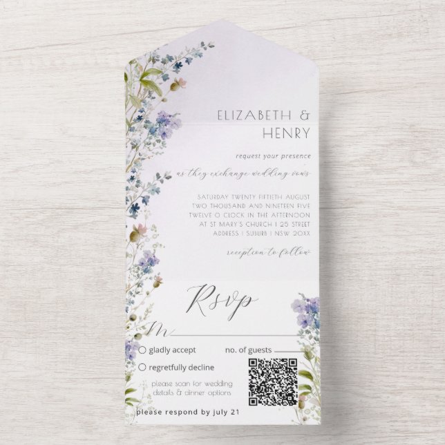 Invitation Tout En Un Fleur sauvage romantique du code QR (À l'intérieur)
