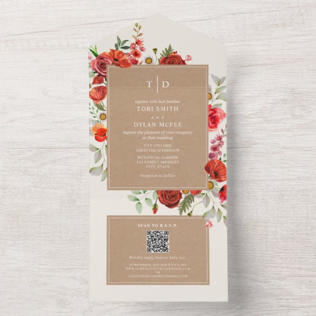 Invitation Tout En Un Fleur sauvage Rouge Floral Cardstock Mariage RSVP  (À l'intérieur)