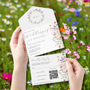 Invitation Tout En Un Fleur sauvage Rustic Garden Wedding RSVP & QR Code