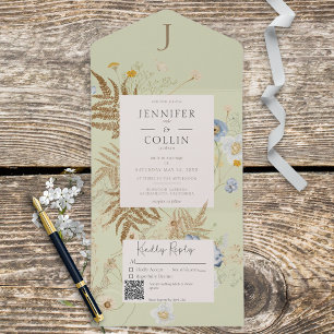 Invitation Tout En Un Fleur sauvage rustique Lt Green Monogramme QR Code