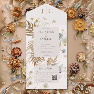 Invitation Tout En Un Fleur sauvage rustique Monogram Cream QR Code