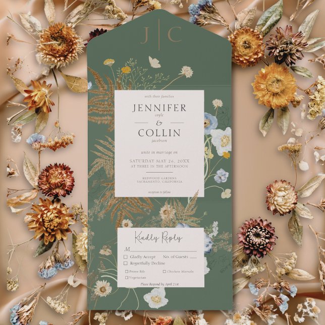 Invitation Tout En Un Fleur sauvage rustique Monogram Sage Green Dinner (Rustic Wildflowers Monogram Sage Green Dinner All In One Invitation)