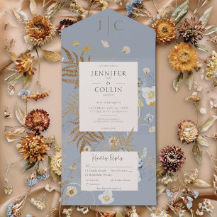 Invitation Tout En Un Fleur sauvage rustique Monogramme Dusty Dîner bleu