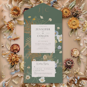 Invitation Tout En Un Fleur sauvage rustique Monogramme Sage Vert Pas de