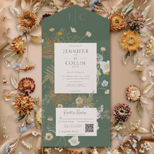 Invitation Tout En Un Fleur sauvage rustique Monogramme Sage vert QR Cod