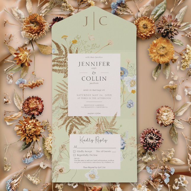 Invitation Tout En Un Fleur sauvage rustique Monogramme Vert clair Pas d (Rustic Wildflowers Monogram Light Green No Dinner All In One Invitation)