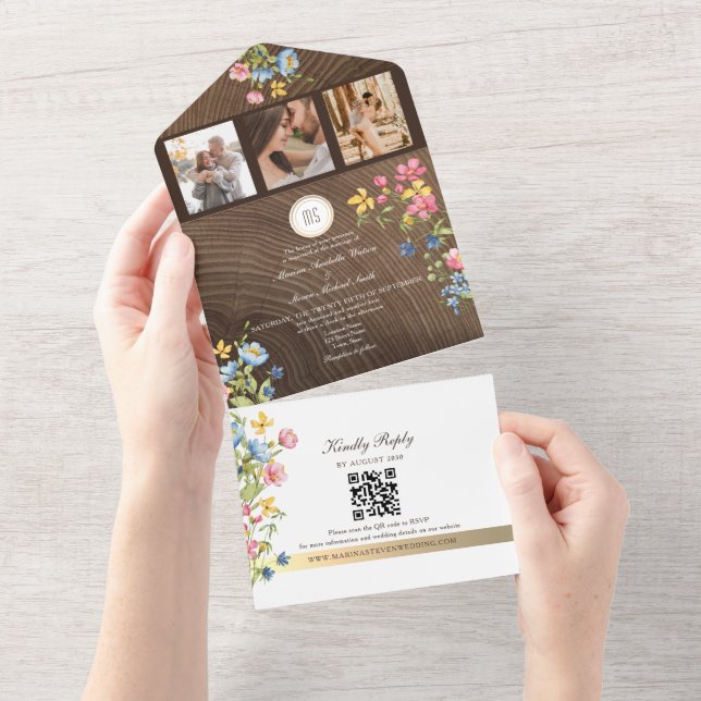 Invitation Tout En Un Fleur sauvage Woodland Rustic Boho Mariage (Déchirure)