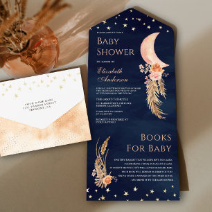 Invitation Tout En Un Fleur Terrestre Croissant de Lune Bleu Marine Baby