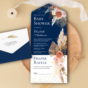 Invitation Tout En Un Fleur Terreuse Pampa Bleu Marine Baby Shower