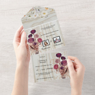 Invitation Tout En Un Fleurale en bois rustique
