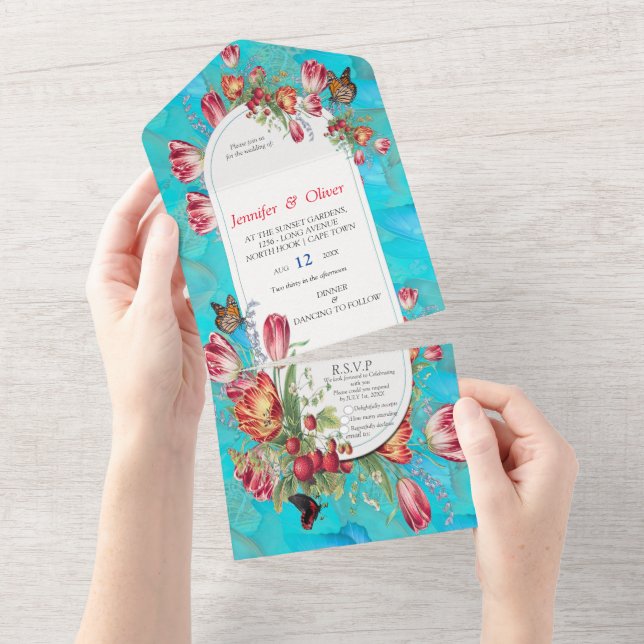 Invitation Tout En Un Fleurs aquarelles avec papillons visités. Tout (Déchirure)