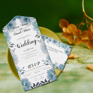 Invitation Tout En Un Fleurs aquarelles bleu poussiéreux mariage floral