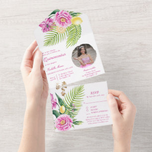 Invitation Tout En Un Fleurs aquarelles de pivoines roses Photo Quinceañ