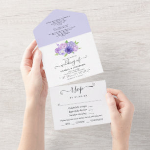 Invitation Tout En Un Fleurs aquarelles ultra violettes pour mariage tou