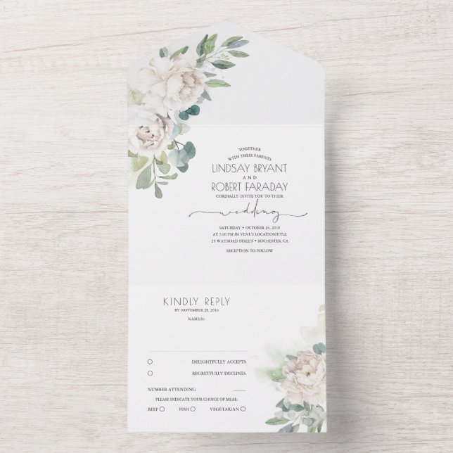 Invitation Tout En Un Fleurs Blanches Et Boho Verdure Mariage Élégant (À l'intérieur)
