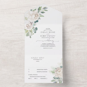 Invitation Tout En Un Fleurs Blanches Et Boho Verdure Mariage Élégant