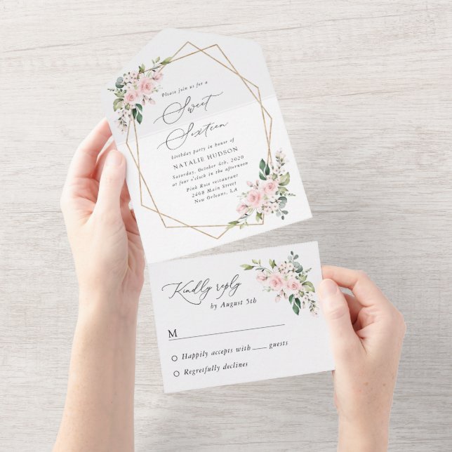 Invitation Tout En Un Fleurs blanches, Fleurs roses, Boho, Sweet 16 (Déchirure)