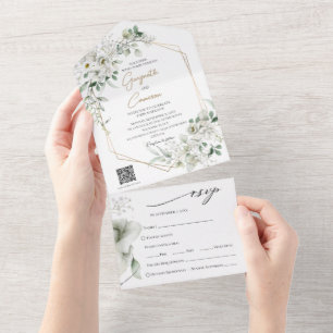Invitation Tout En Un Fleurs blanches luxuriantes Code QR tout en un