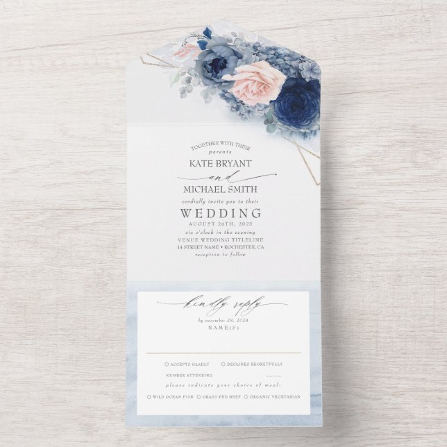 Invitation Tout En Un Fleurs bleu et rose poussiéreux Élégant Mariage mo (À l'intérieur)