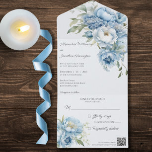 Invitation Tout En Un Fleurs Bleues Glaces d'hiver Code QR
