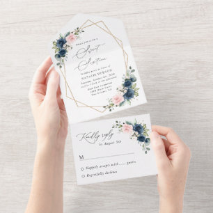 Invitation Tout En Un Fleurs Bleues Marine, Fleurs Roses, Boho, Sweet 16