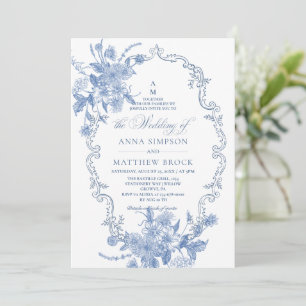Invitation Tout en Un Fleurs Bleues Ornementales Mariage 