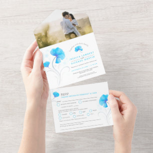 Invitation Tout En Un Fleurs bleues tourbillon gris aquarelle photo pers