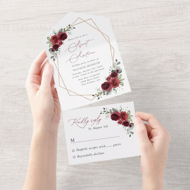 Invitation Tout En Un Fleurs Bourgognes, Fleurs Rouges, Boho, Sweet 16 (Déchirure)