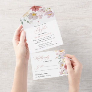 Invitation Tout En Un Fleurs Colorées, Fleurs Sauvages, Bohème, Baptême