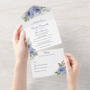 Invitation Tout En Un Fleurs d'aquarelle bat mitzvah, bleu et argent