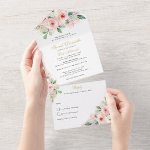Invitation Tout En Un Fleurs d'aquarelle bat mitzvah, rose et or