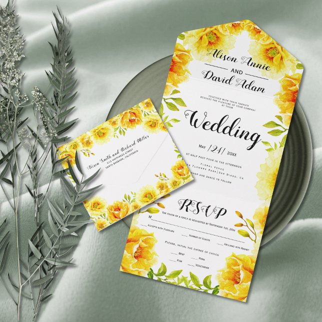 Invitation Tout En Un Fleurs d'aquarelle jaune, cadre fleuri mariage (Créateur téléchargé)