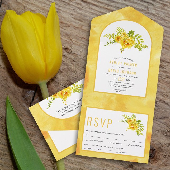 Invitation Tout En Un Fleurs d'aquarelle jaune et mariage à arc (Créateur téléchargé)