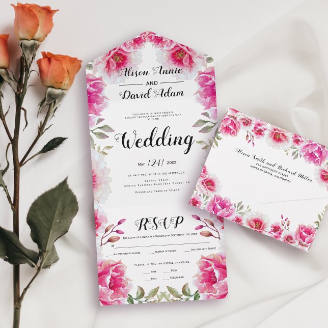 Invitation Tout En Un Fleurs d'aquarelle rose chaud mariage de automne (Créateur téléchargé)