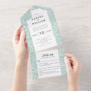 Invitation Tout En Un fleurs d'art blanc sur mariage turquoise