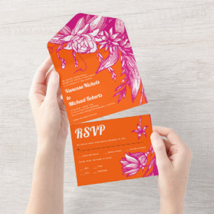 Invitation Tout En Un Fleurs d'art magenta et orange mariage