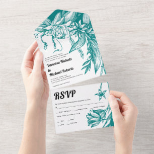 Invitation Tout En Un Fleurs d'art vintage turquoise bleu mariage