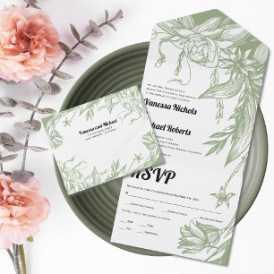 Invitation Tout En Un Fleurs d'art vintage vert sage mariage