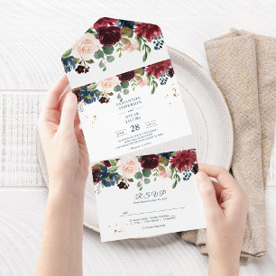 Invitation Tout En Un Fleurs de beauté bordeaux marine et rouge rustique