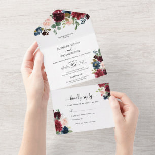 Invitation Tout En Un Fleurs de Bourgogne Feuillage Mariage avec RSVP
